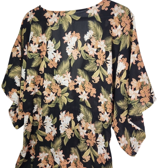 Tropical Floral Kimono Cover Up with Tie Front S/M Resort Wear Beach Vacation - Picture 7 of 9